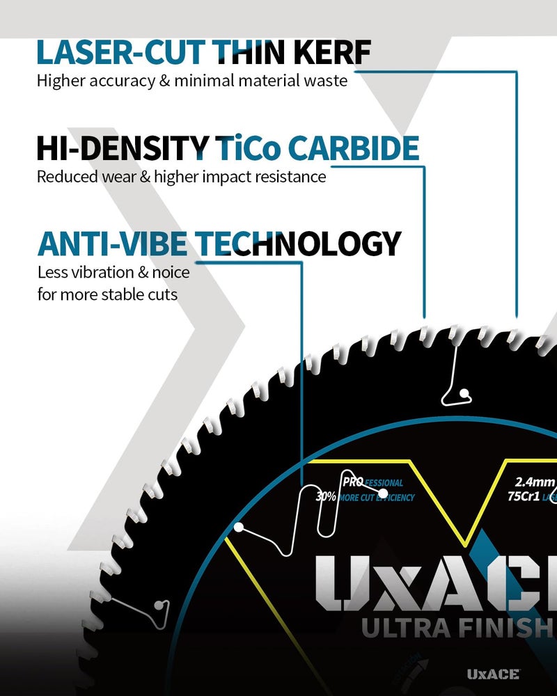 UXACE 10-Inch 80-Tooth Circular Saw Blade with 5/8-Inch Arbor, Ultra Finish Wood Cutting, Carbide Tip, Thin Kerf, for Plywood, MDF, OSB, Laminated - Image 4